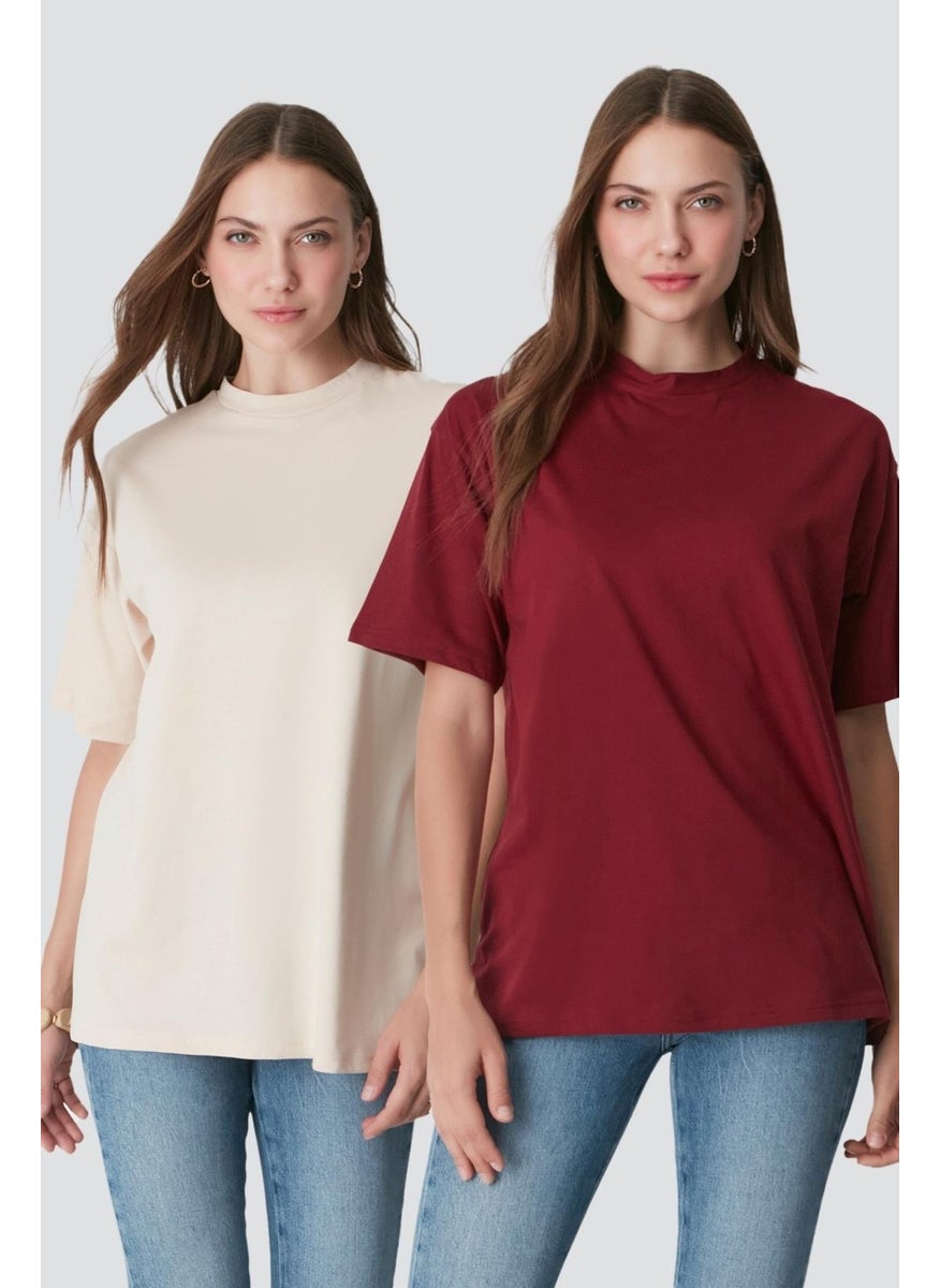 Crew Neck Short Sleeve 2-Piece Casual Basic T-Shirt 961 Claret Red/beige