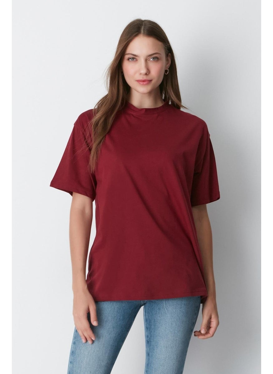 Crew Neck Short Sleeve 2-Piece Casual Basic T-Shirt 961 Claret Red/beige