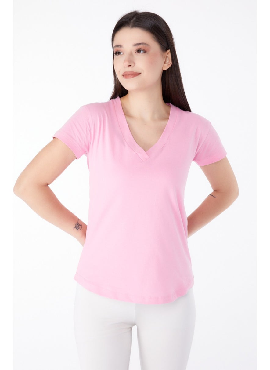 Plain Medium Women's Pink V Neck T-Shirt - 25326