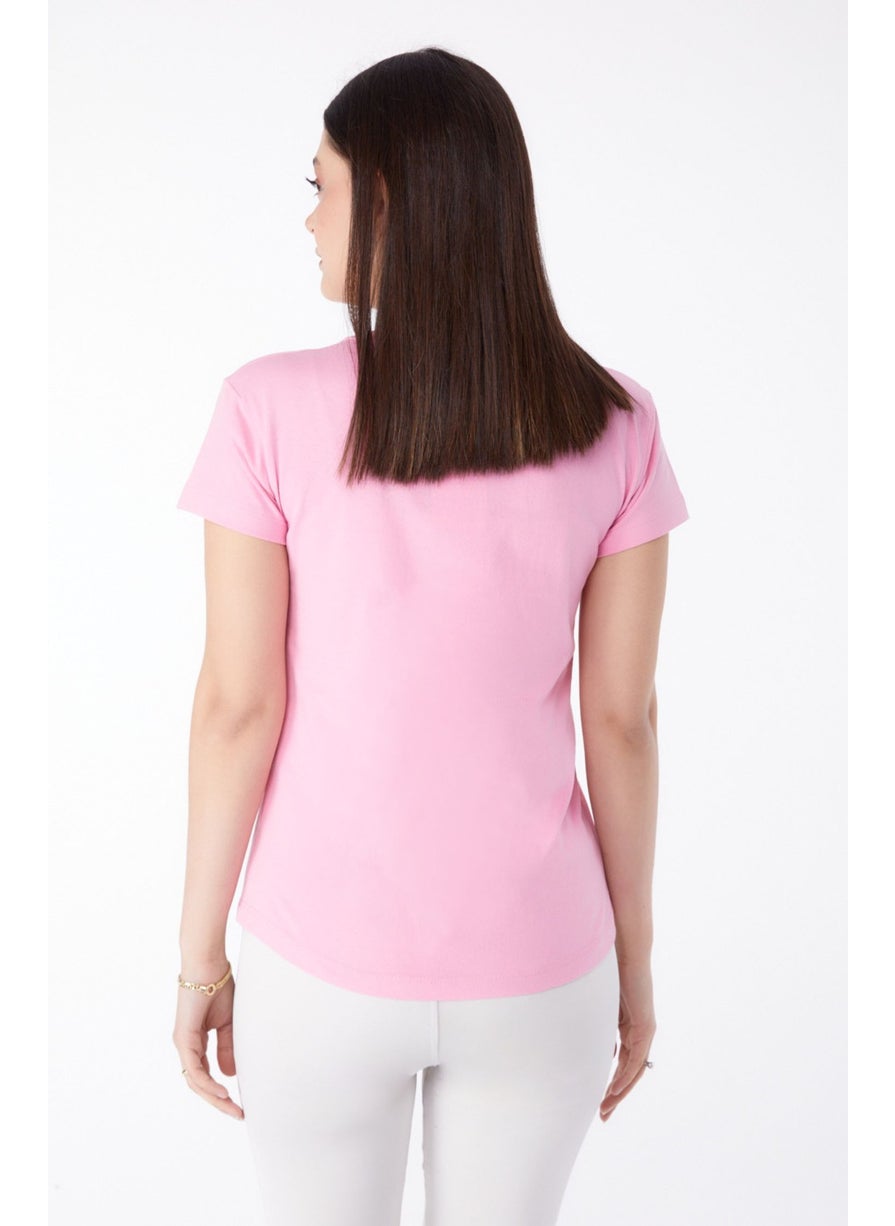 Plain Medium Women's Pink V Neck T-Shirt - 25326