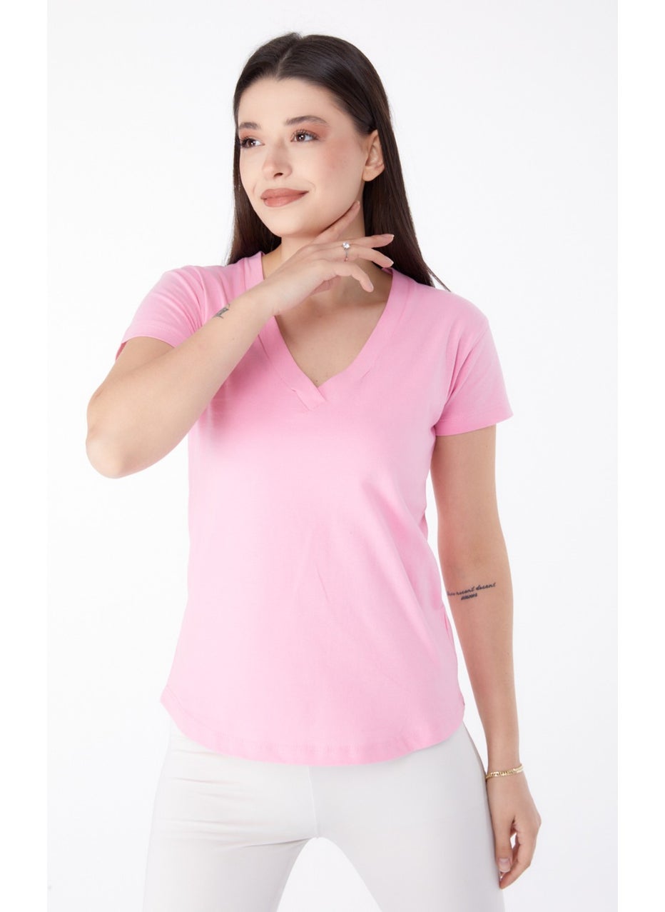 Plain Medium Women's Pink V Neck T-Shirt - 25326