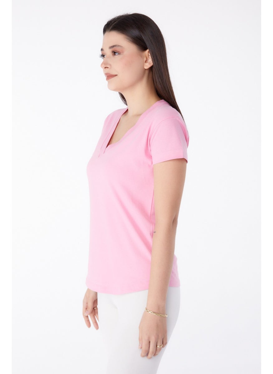 Plain Medium Women's Pink V Neck T-Shirt - 25326