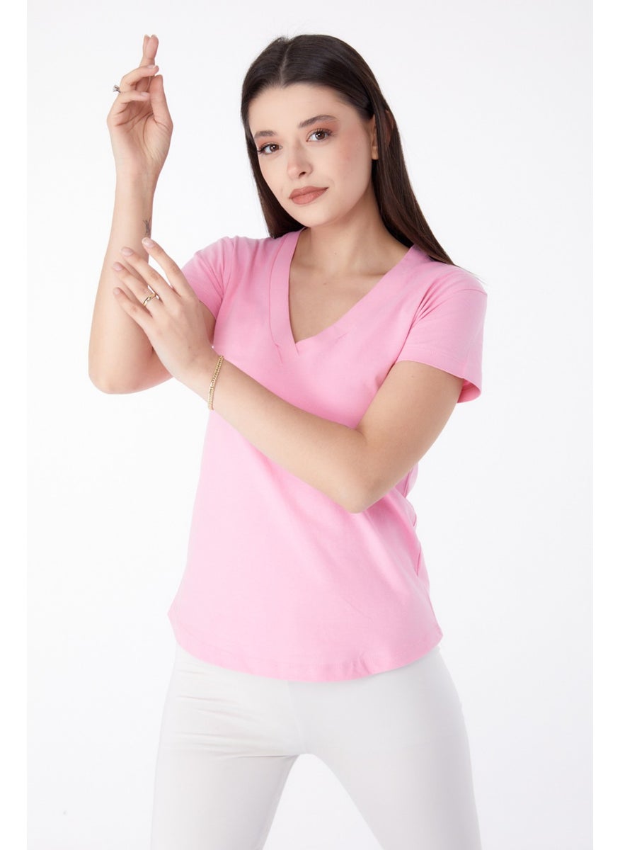 Plain Medium Women's Pink V Neck T-Shirt - 25326