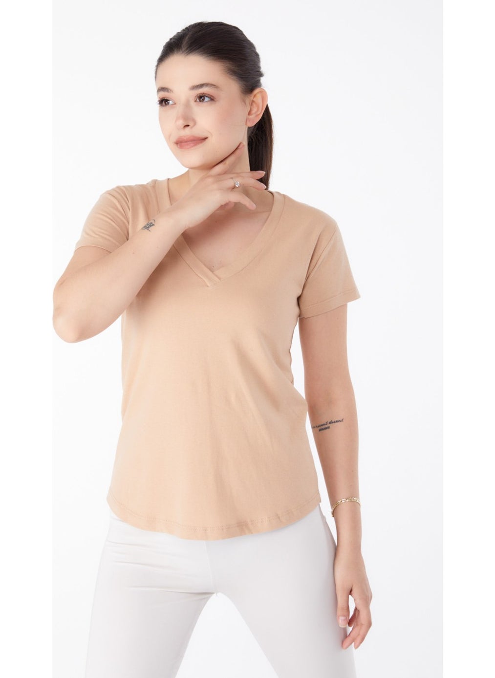 Plain Medium Women's Mink V Neck T-Shirt - 25326