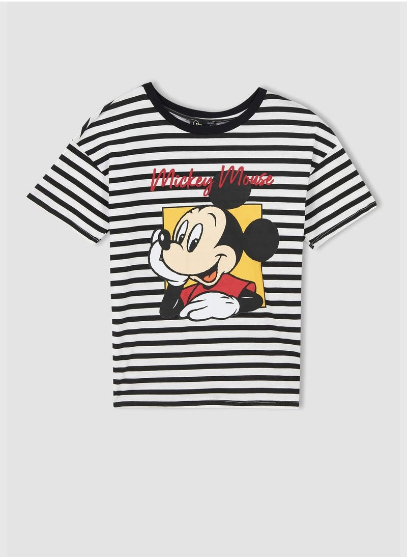 Regular Fit Short Sleeve Striped Mickey & Minnie Print T-Shirt