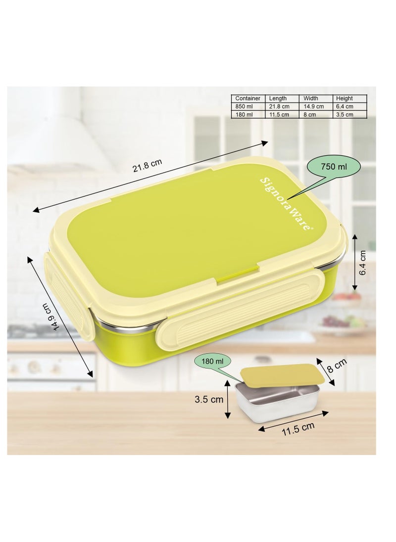 Signora ware bloom puff insulated 850+180Ml warm compact lunch boxes for adults/Kids with Puff insulated lid with clip lock/Air Tight spill proof/food grade Bpa free, office school, rectangle, green