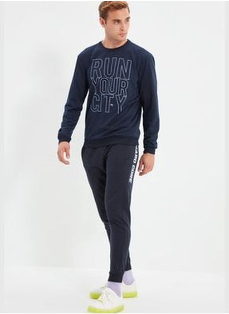 Navy Blue Men's Regular Fit Printed Sweatpants with Rubber Legs TMNAW22EA0254.