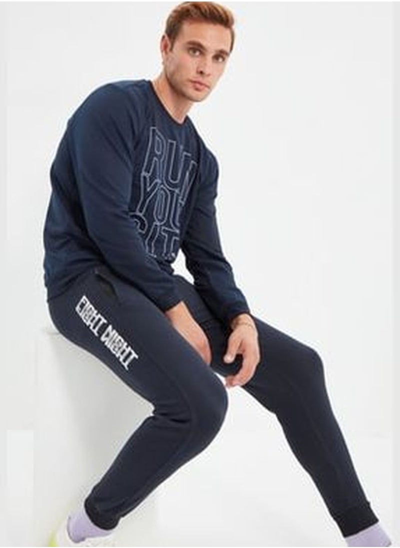 Navy Blue Men's Regular Fit Printed Sweatpants with Rubber Legs TMNAW22EA0254.