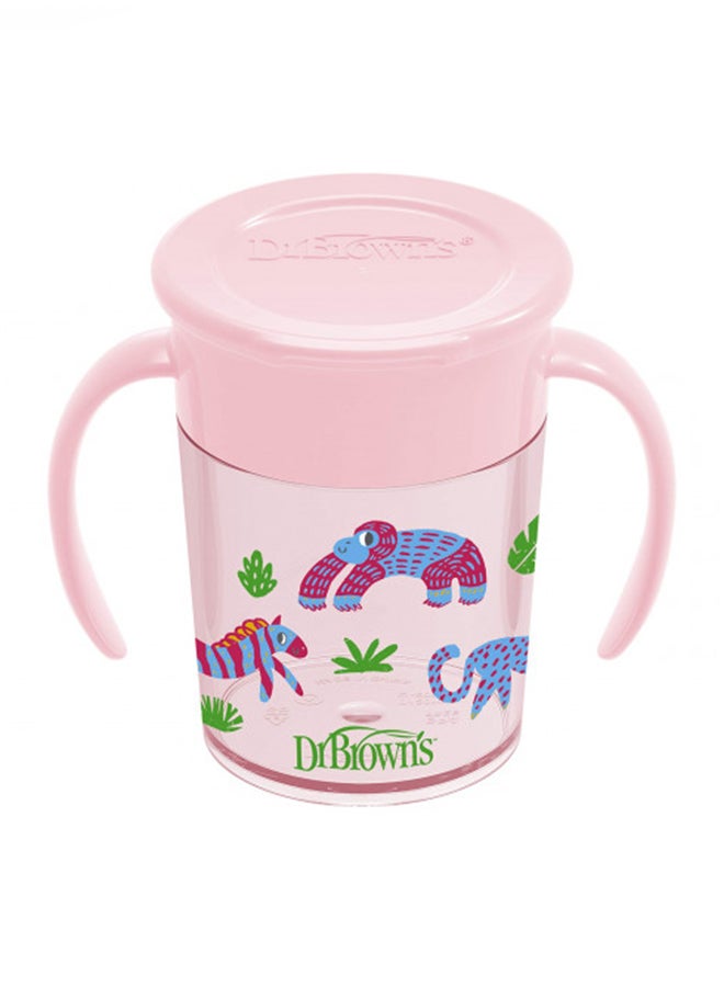 Milestones Cheers 360 Cup Spoutless Transition Cup With Handles For Easy Grip And Leak-Free Learning, Pink Safari, 7 Oz