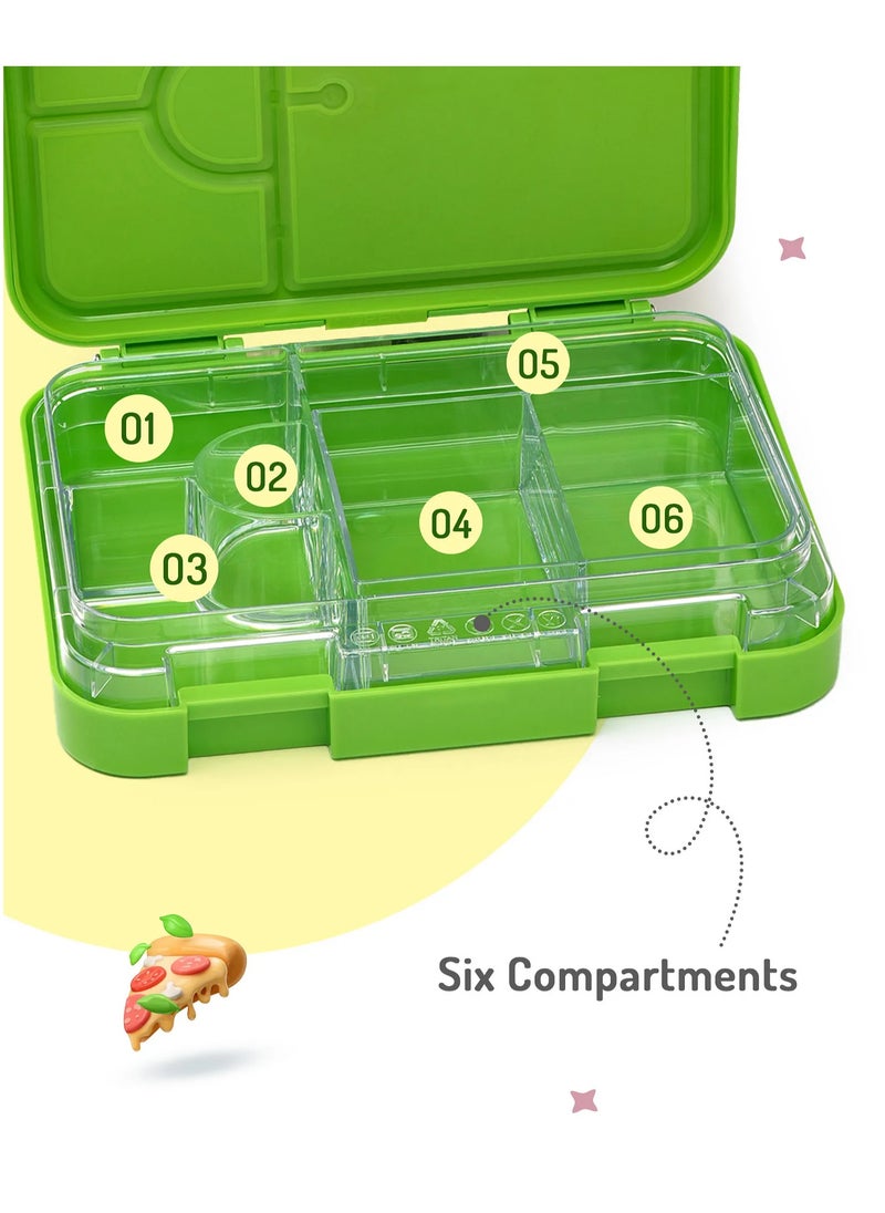 Bonfino Dino ABS Bento Lunch Box, BPA Free, Microwave Safe Removable Tray, 6 Adjustable Compartments, Leak Resistant, Lightweight, 22x15.5x5cm, 1.1L, 3 Years+ - Green