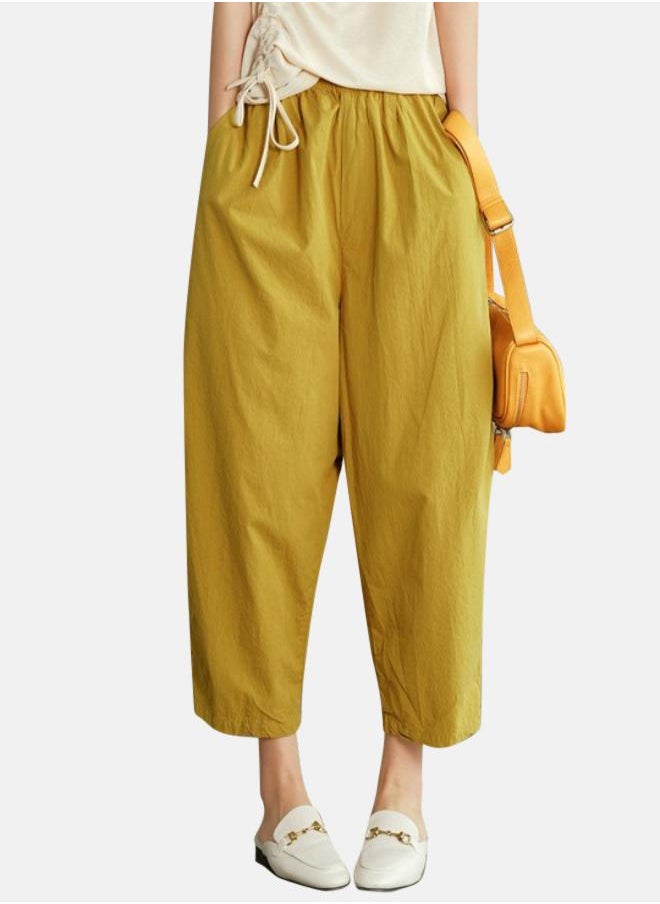 Yellow Solid Cotton Trouser