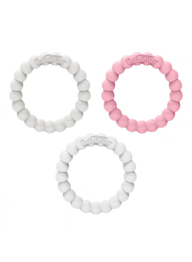 Pack Of 3 100% Silicone Flexees Beaded Teether Rings, Pink, White, Grey, Bpa Free, 3 Months+