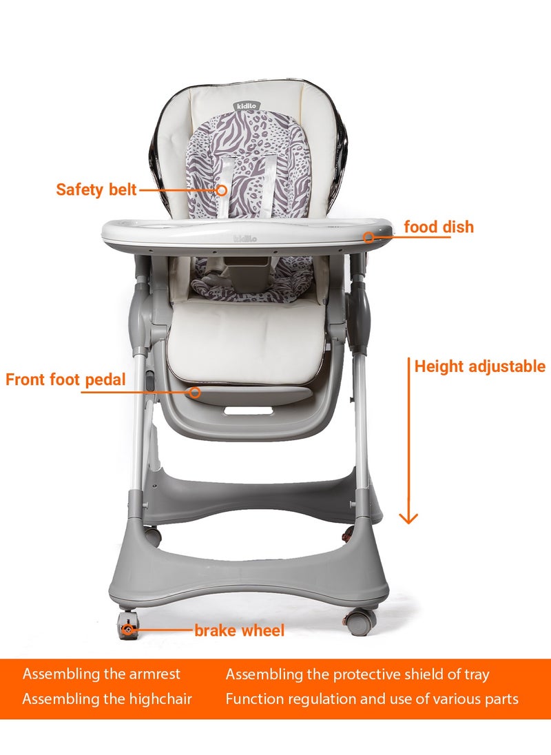 KIDILO Foldable High Chair with Wheels, Adjustable Toddler Feeding Chair, Portable Baby High Chair with Armrest, Convertible Design for Feeding & Baby Walking, Compact & Easy to Clean