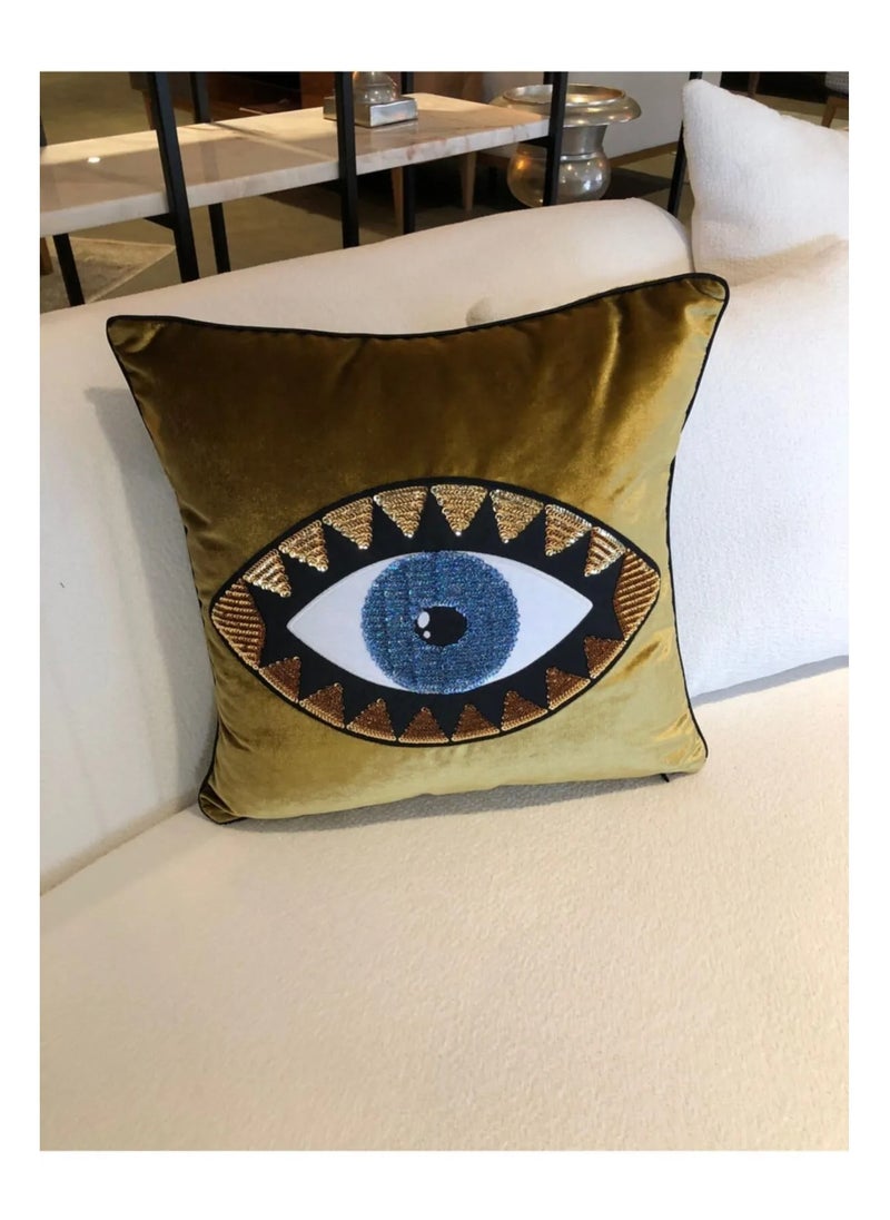 Velvet Gold Blue Eye Embroidered Pillow Case - 45 x 45 cm, High-Quality Velvet Fabric