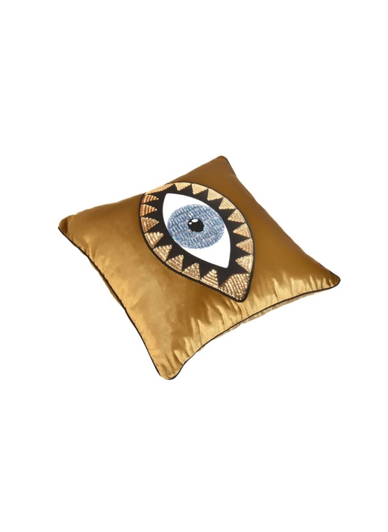 Velvet Gold Blue Eye Embroidered Pillow Case - 45 x 45 cm, High-Quality Velvet Fabric