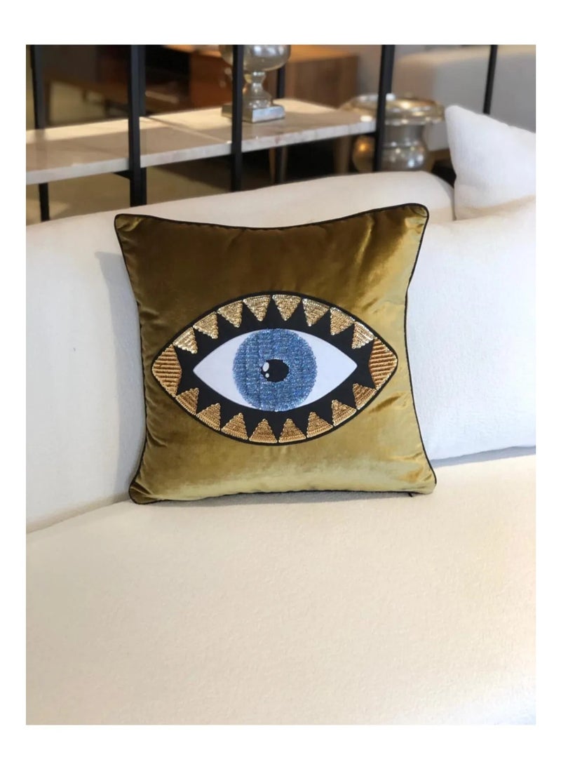 Velvet Gold Blue Eye Embroidered Pillow Case - 45 x 45 cm, High-Quality Velvet Fabric