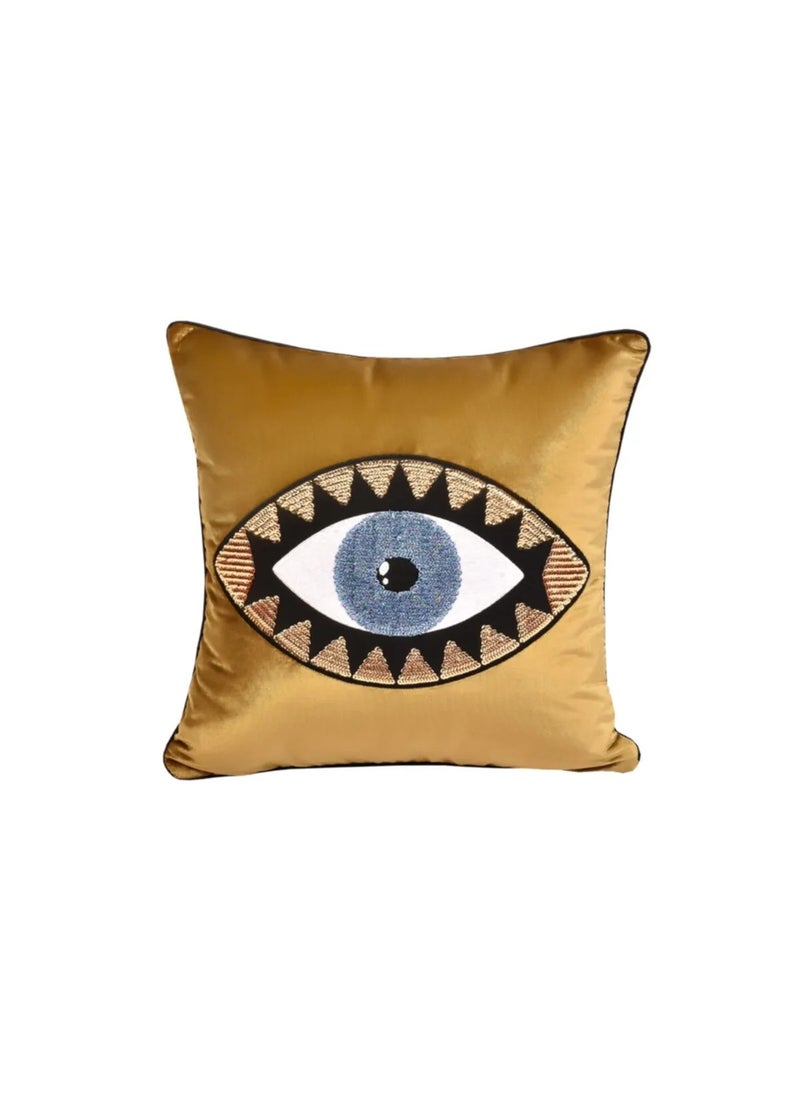 Velvet Gold Blue Eye Embroidered Pillow Case - 45 x 45 cm, High-Quality Velvet Fabric