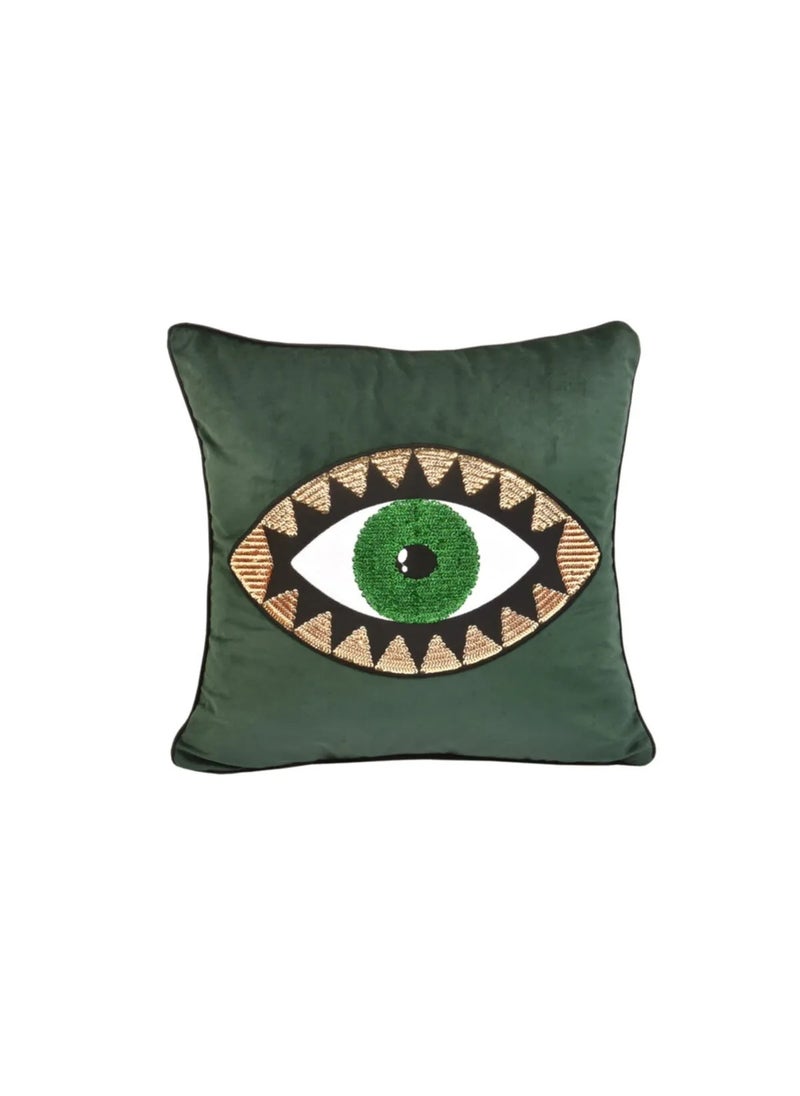 Green Velvet Gold Inside Green Eye Embroidered Pillow Case - 45 x 45 cm, High-Quality Velvet Fabric