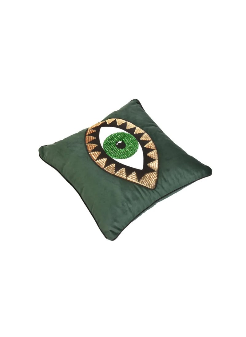 Green Velvet Gold Inside Green Eye Embroidered Pillow Case - 45 x 45 cm, High-Quality Velvet Fabric