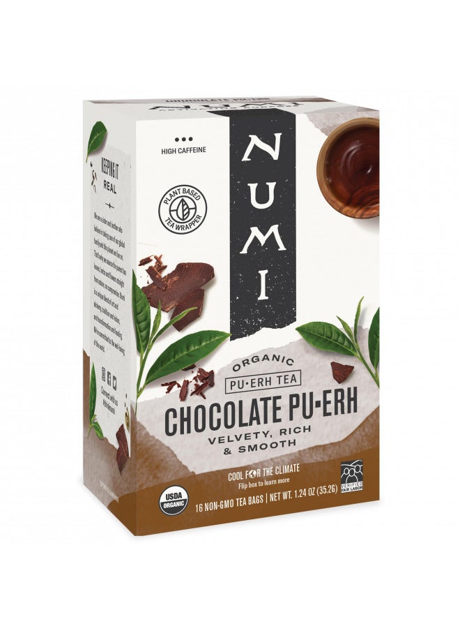 Numi Organic Chocolate Pu-erh Tea, 16 Tea Bags, Aged Yunnan Pu-erh Black Tea with Cocoa & Orange Peel (Packaging May Vary)