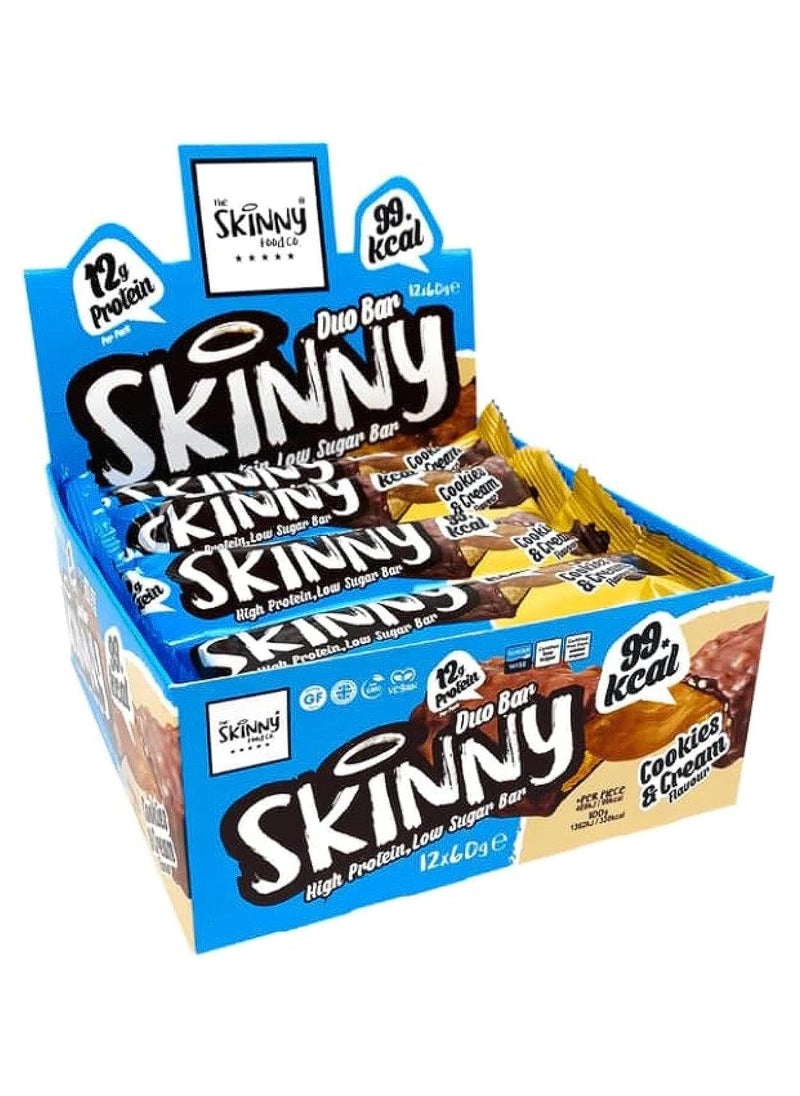 The Skinny Food Co 12 gm High Protein bar,Vegetarian & Vegan Friendly, Gluten Free & Coeliac Friendly Low Sugar protein chocolate Bar pack of 12 x 60 gm (COOKIES & CREAM 60 GM))