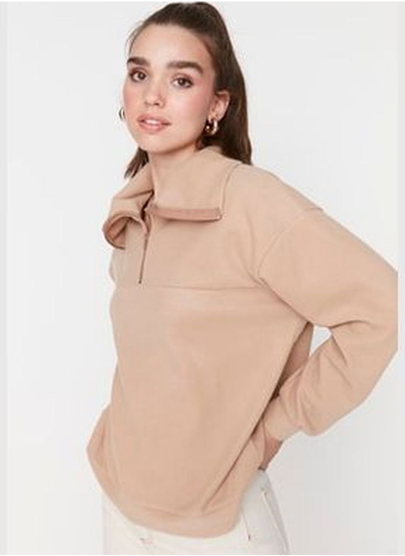 Beige Thessaloniki Loose Zipper Thessaloniki Knitted Sweatshirt TWOAW23SW00565