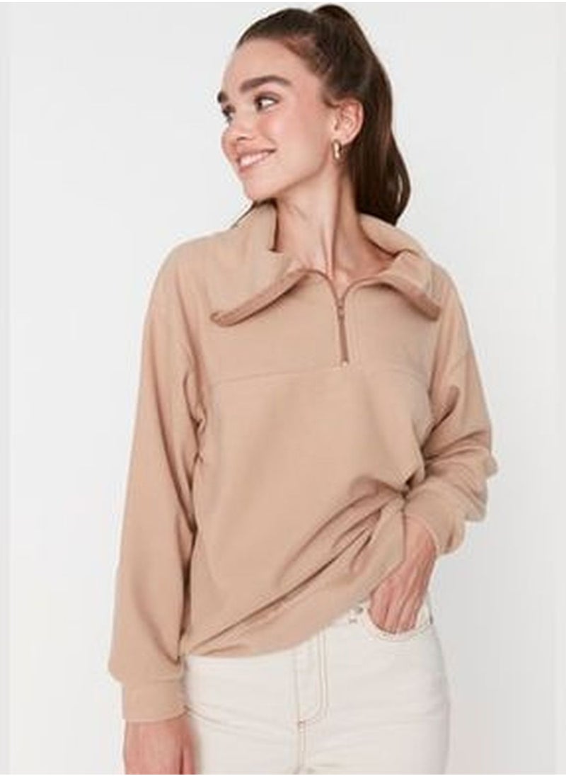 Beige Thessaloniki Loose Zipper Thessaloniki Knitted Sweatshirt TWOAW23SW00565