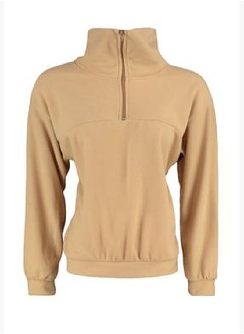 Beige Thessaloniki Loose Zipper Thessaloniki Knitted Sweatshirt TWOAW23SW00565