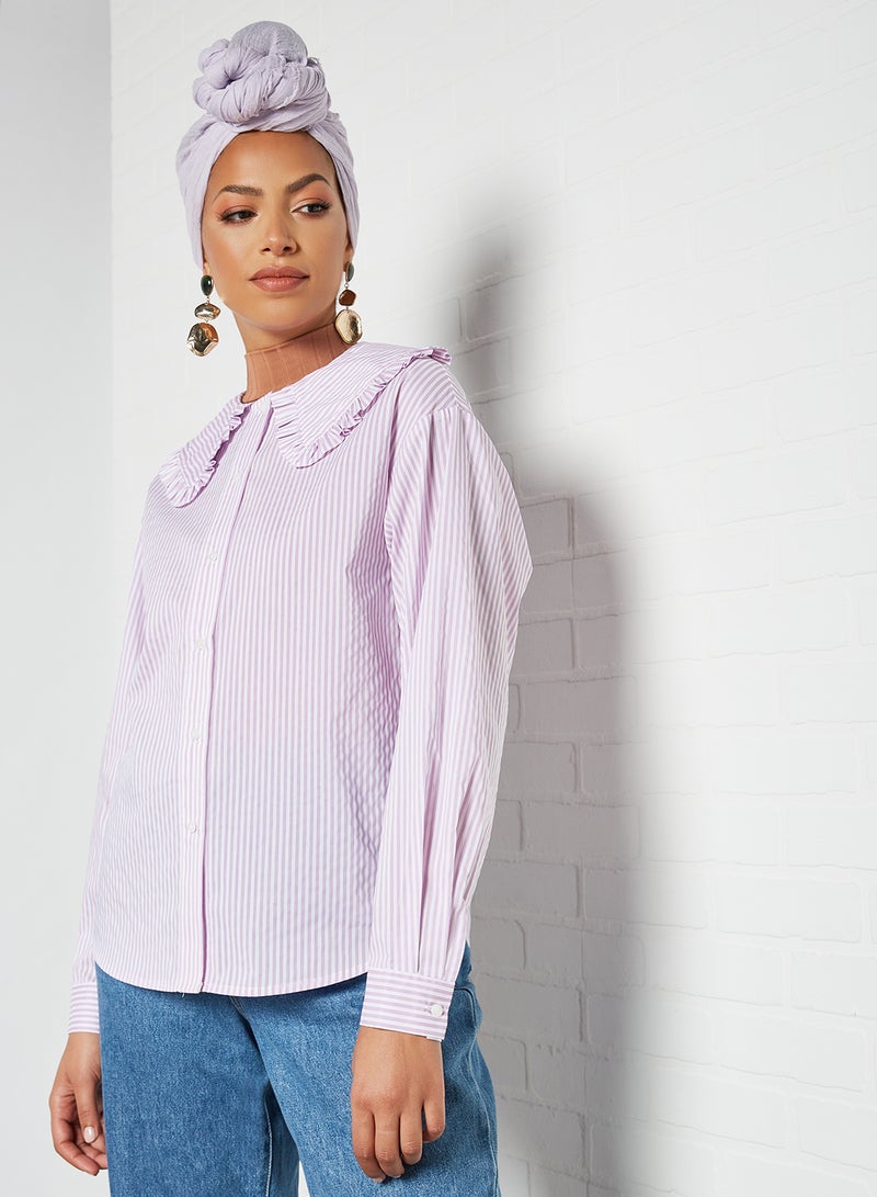 Striped Ruffle Detailed Shirt Bright White/Orchid Bloom