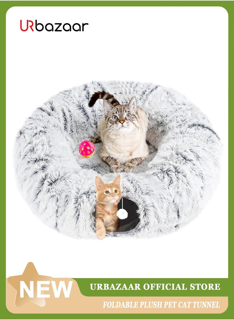 Plush Cat Tunnel Bed,Plush Cat Circle Tunnel with Hanging Balls and Peepholes,Cat Bed Tunnel with Washable Cushion,Multifunctional Cat Toys for Kitten, Cat, Puppy