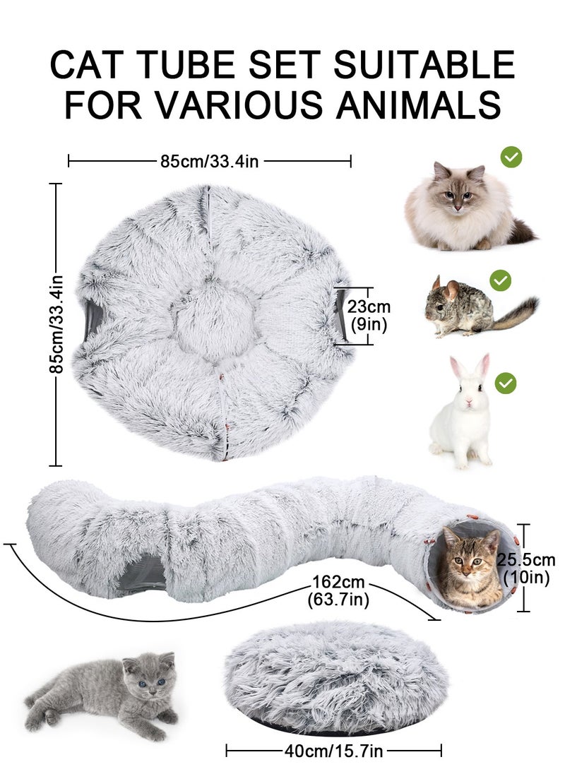 Plush Cat Tunnel Bed,Plush Cat Circle Tunnel with Hanging Balls and Peepholes,Cat Bed Tunnel with Washable Cushion,Multifunctional Cat Toys for Kitten, Cat, Puppy