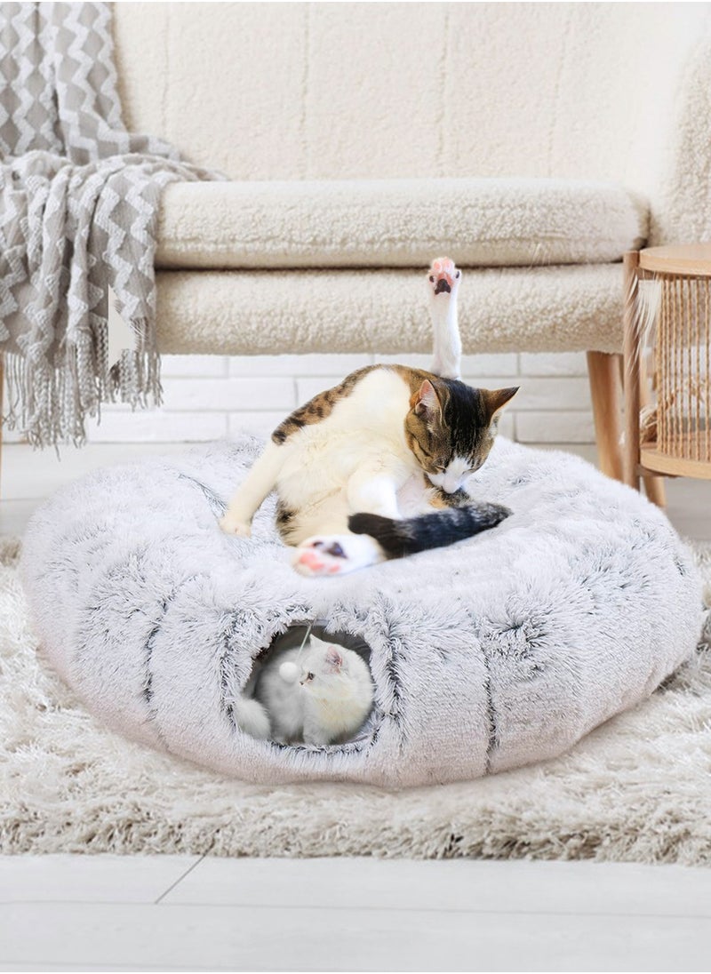 Plush Cat Tunnel Bed,Plush Cat Circle Tunnel with Hanging Balls and Peepholes,Cat Bed Tunnel with Washable Cushion,Multifunctional Cat Toys for Kitten, Cat, Puppy