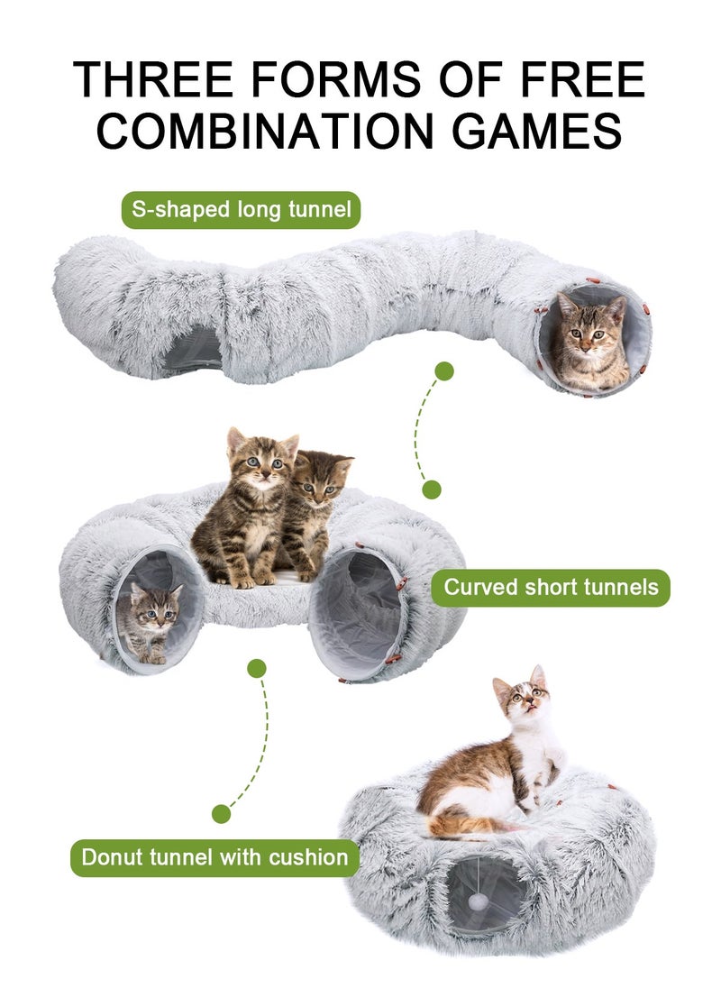 Plush Cat Tunnel Bed,Plush Cat Circle Tunnel with Hanging Balls and Peepholes,Cat Bed Tunnel with Washable Cushion,Multifunctional Cat Toys for Kitten, Cat, Puppy