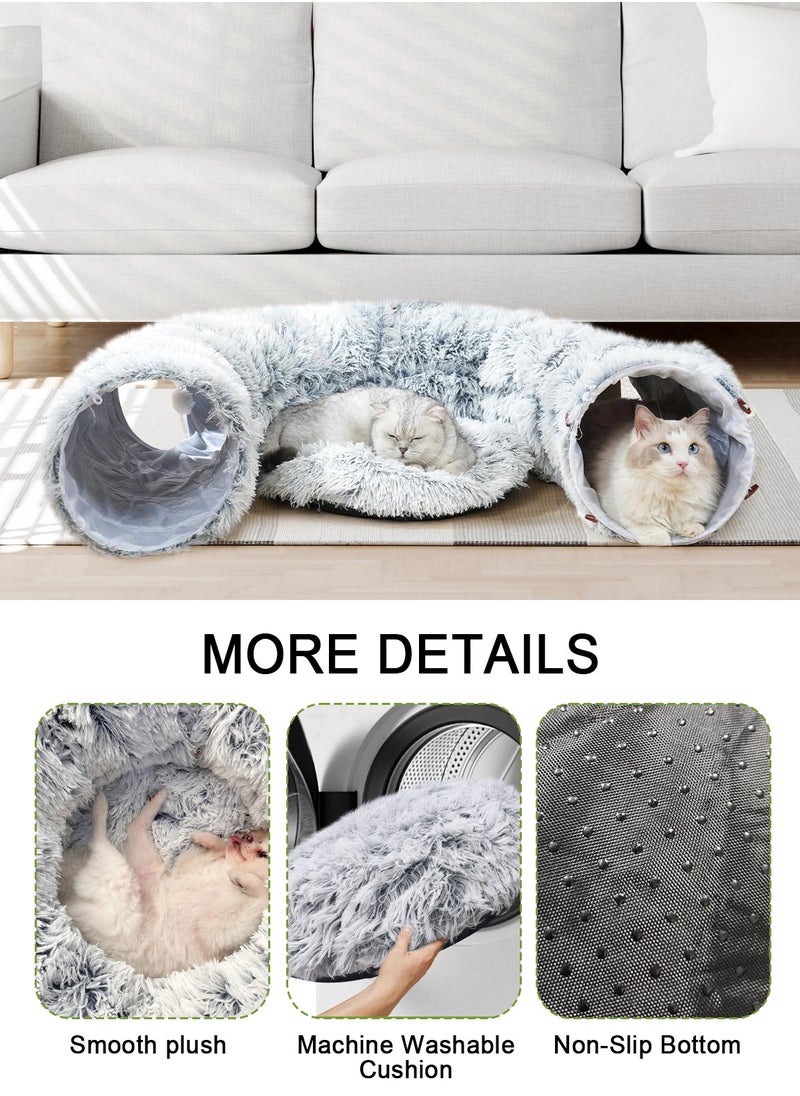 Plush Cat Tunnel Bed,Plush Cat Circle Tunnel with Hanging Balls and Peepholes,Cat Bed Tunnel with Washable Cushion,Multifunctional Cat Toys for Kitten, Cat, Puppy