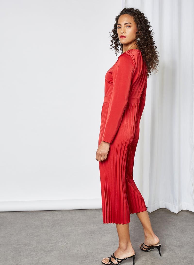 Satin Pleated Jumpsuit Red