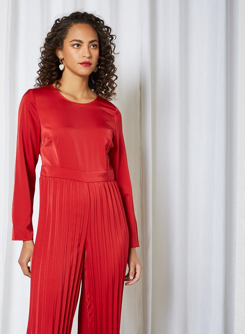 Satin Pleated Jumpsuit Red