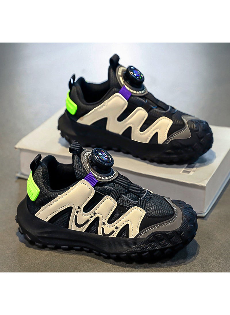 Boys Black sneaker 2024 Spring and Summer New Swivel Buckle Running Childrens Shoes with Soft Sole Trendy Shoes for Boys and DadsBlack Black