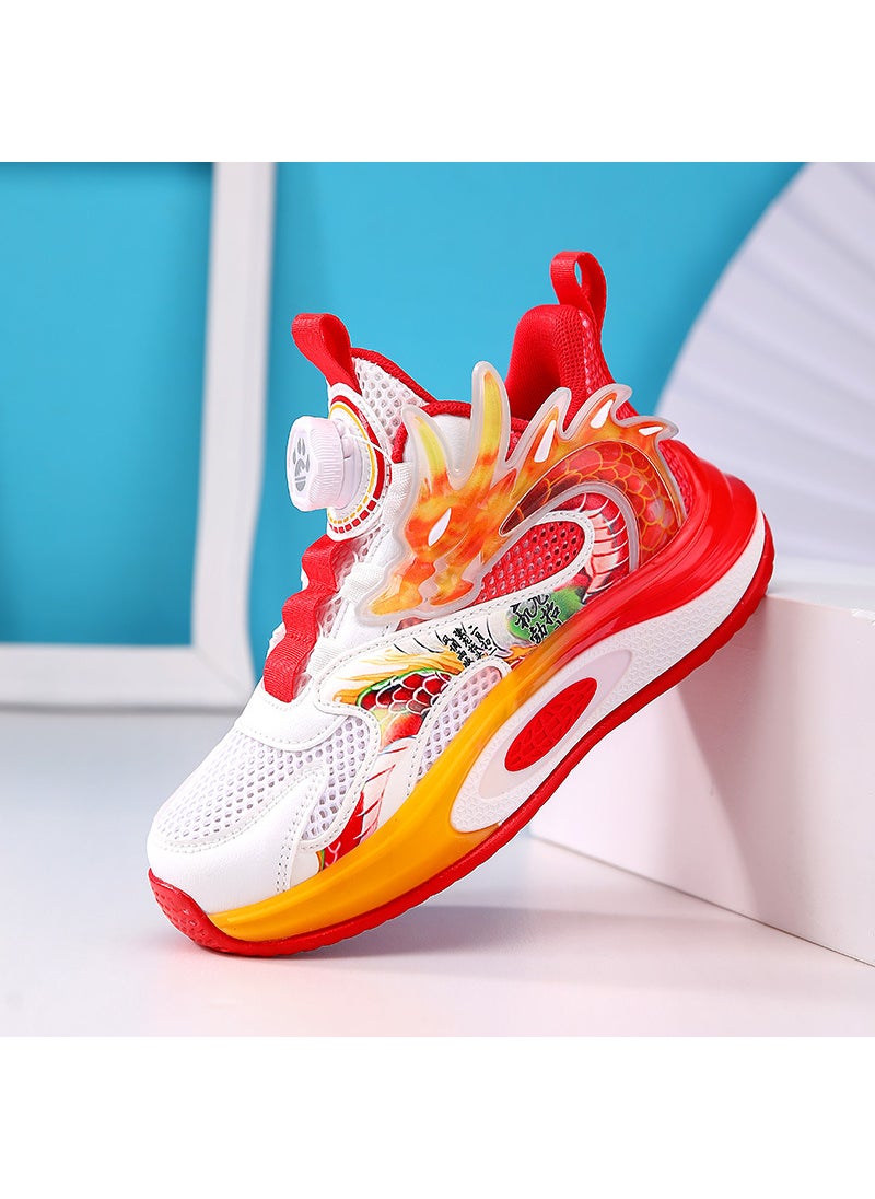 Boys Basketball Shoes Dragon Year sneaker 2024 New Summer Childrens Buttons Basketball Shoes Single Net Hollow Out Mens Shoes881 white red [single net]] 881 white red [single net]]