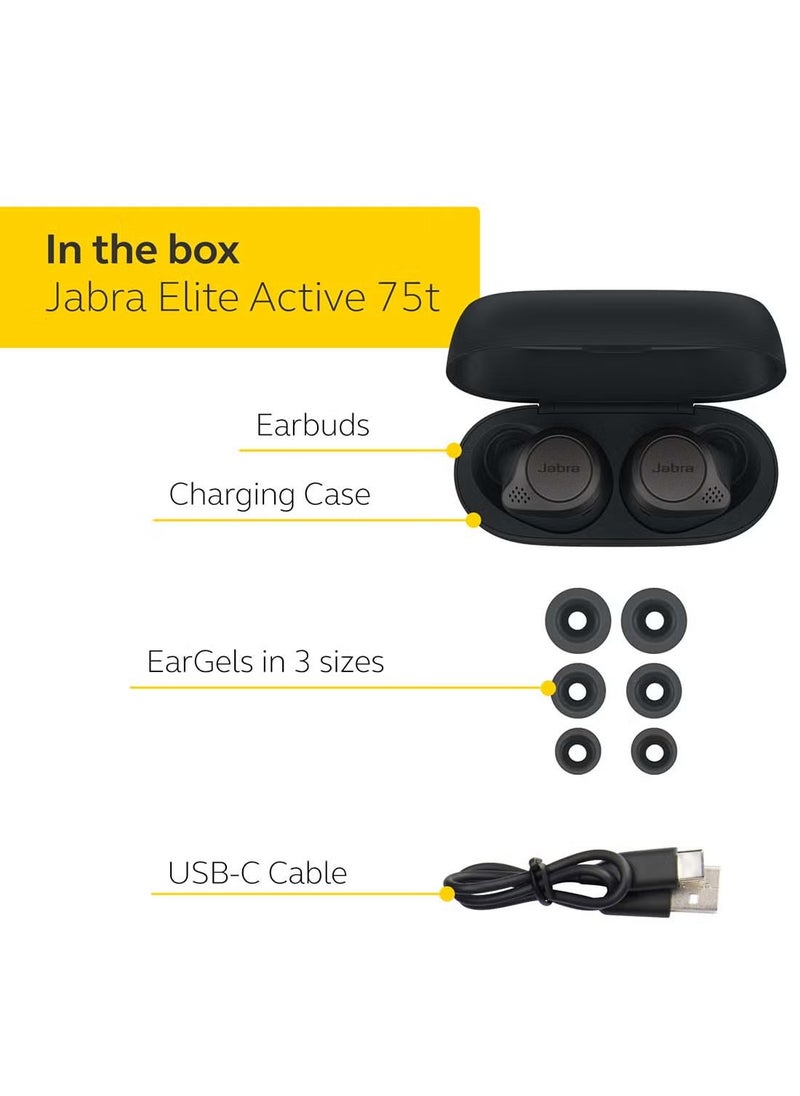 Elite Active 75t Earbuds – Active Noise Cancelling True Wireless Sports Earphones with Long Battery Life for Calls and Music – Titanium Black