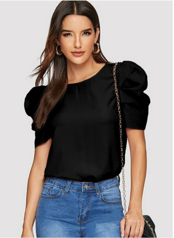Womens Casual Round Neck T Shirt Puff Sleeve Tops Black
