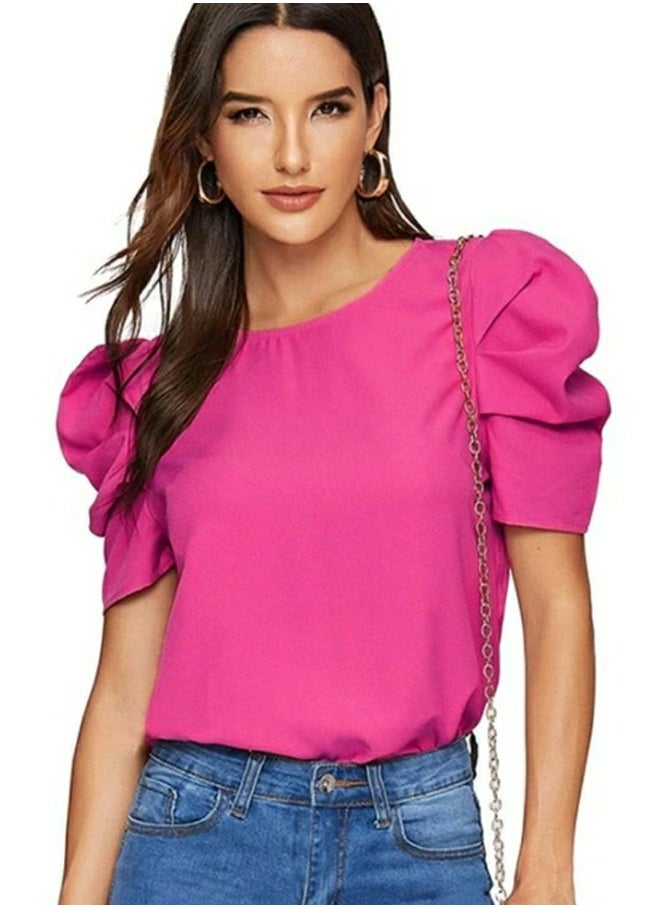 Womens Casual Round Neck T Shirt Puff Sleeve Tops Rose Pink