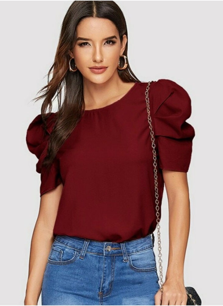 Womens Casual Round Neck T Shirt Puff Sleeve Tops Wine Red