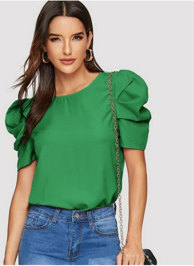 Womens Casual Round Neck T Shirt Puff Sleeve Tops Dark Green