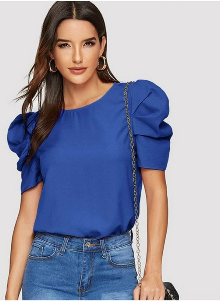 Womens Casual Round Neck T Shirt Puff Sleeve Tops Dark Blue