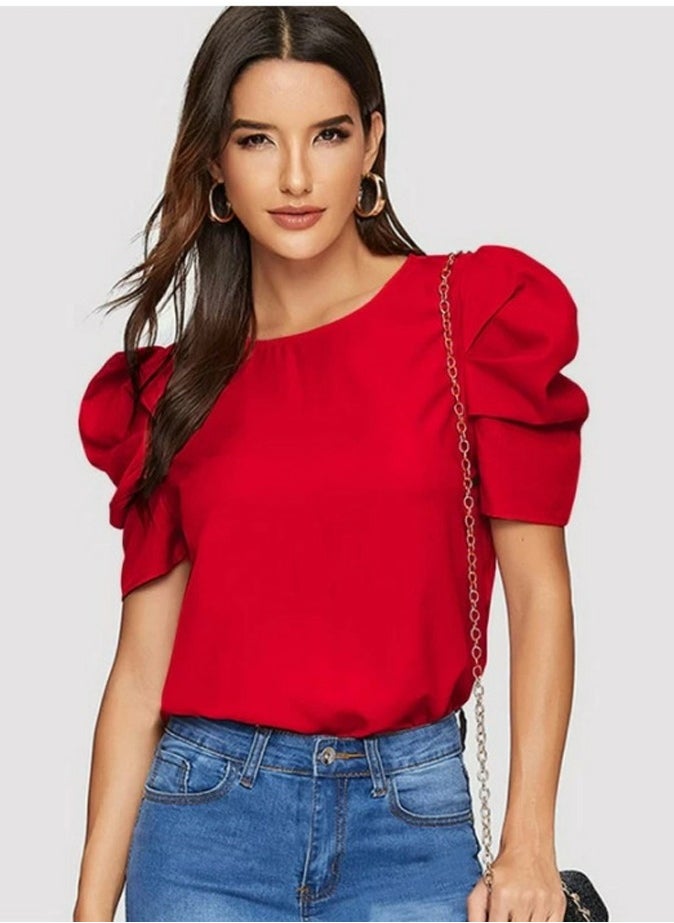 Womens Casual Round Neck T Shirt Puff Sleeve Tops Red