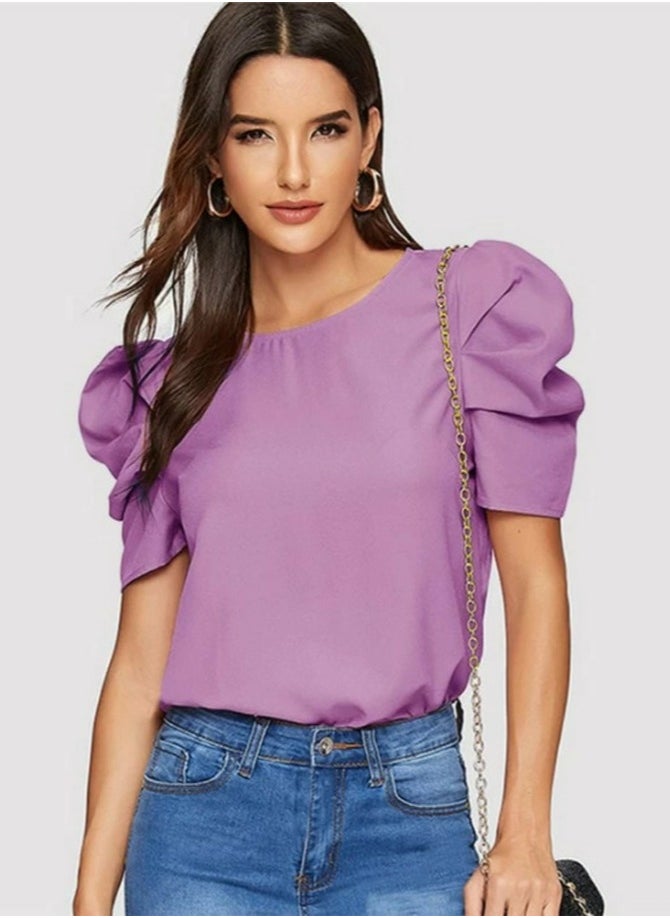 Womens Casual Round Neck T Shirt Puff Sleeve Tops Purple