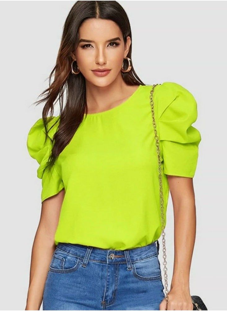 Womens Casual Round Neck T Shirt Puff Sleeve Tops Bright Green