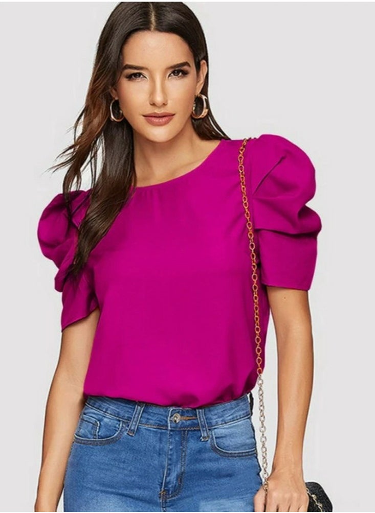 Womens Casual Round Neck T Shirt Puff Sleeve Tops Purplish Red