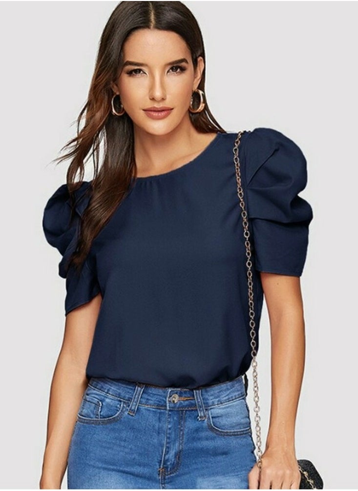 Womens Casual Round Neck T Shirt Puff Sleeve Tops Navy Blue