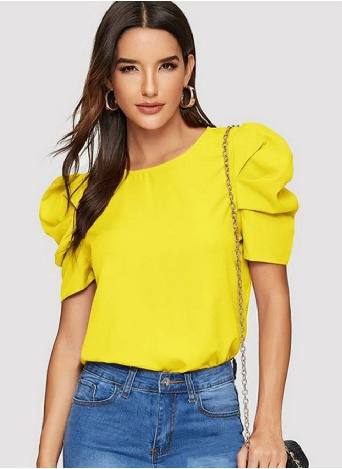 Womens Casual Round Neck T Shirt Puff Sleeve Tops Yellow